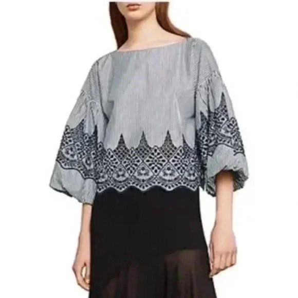 BCBGMAXAZRIA | Striped Cropped Bell Puff Sleeve Embroidered Blouse Size XS Boho - Picture 6 of 6